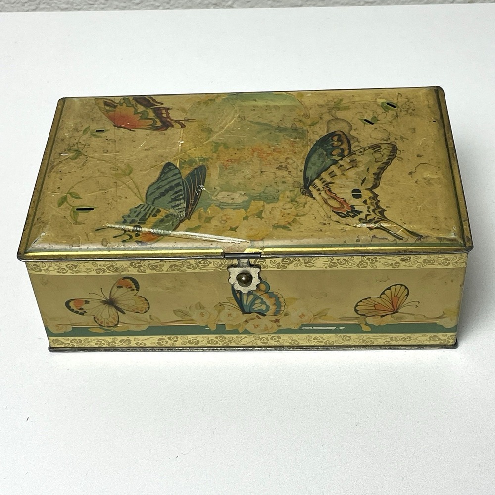 Antique 1920s Artstyle Chocolates Butterfly Lithograph Tin Box 8" USA